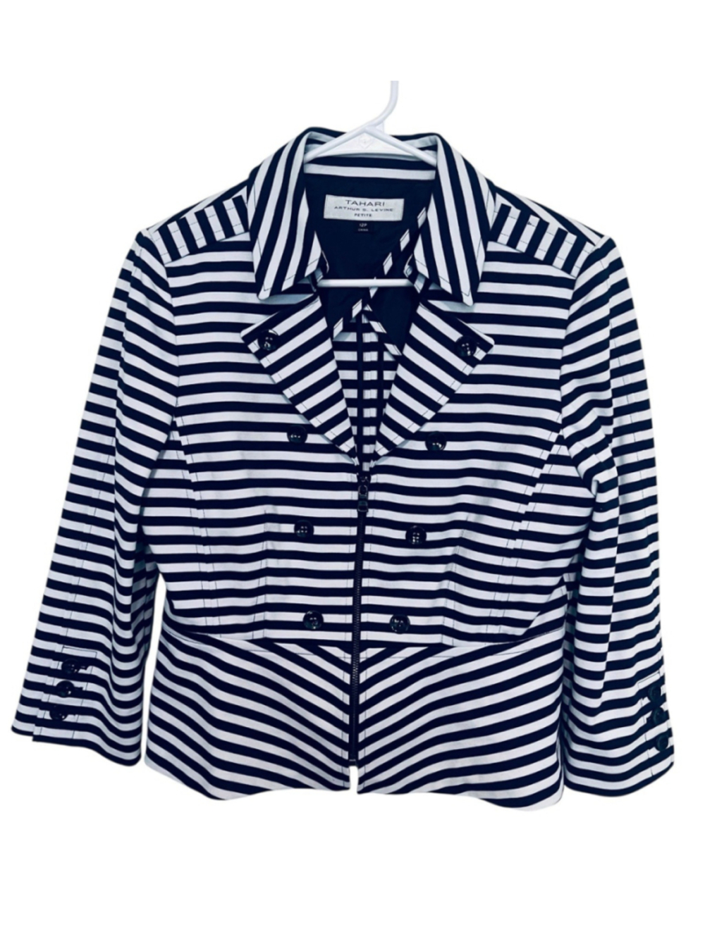 Tahari Arthur S. Levine Peplum Blazer Womens 12 Petite 12P Navy White Stripe Zip